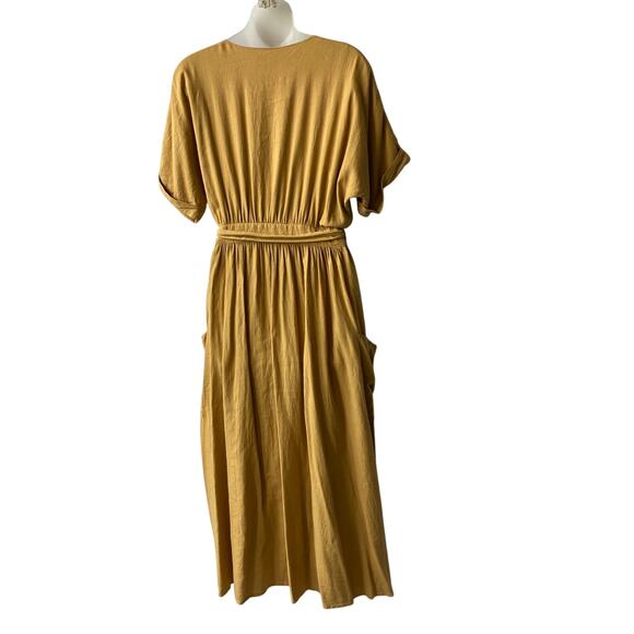 Urban Outfitters Gabriella Linen Blend Midi Wrap Dress M Mustard Gold Slouchy - Picture 3 of 11